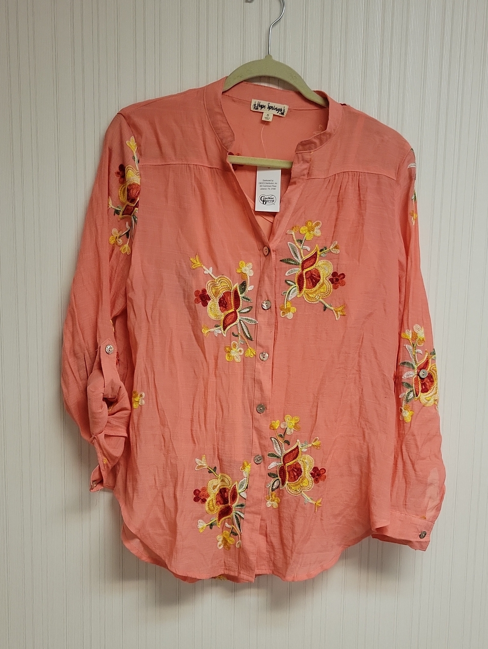 Hope Springs Coral Embroidered Button-Front Top New Small Boho Hippie